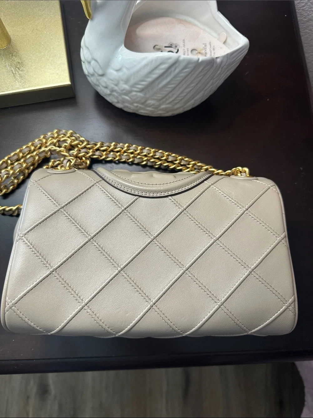 Tory Burch Quilted Beige Leather Shoulder Bag with Gold Chain